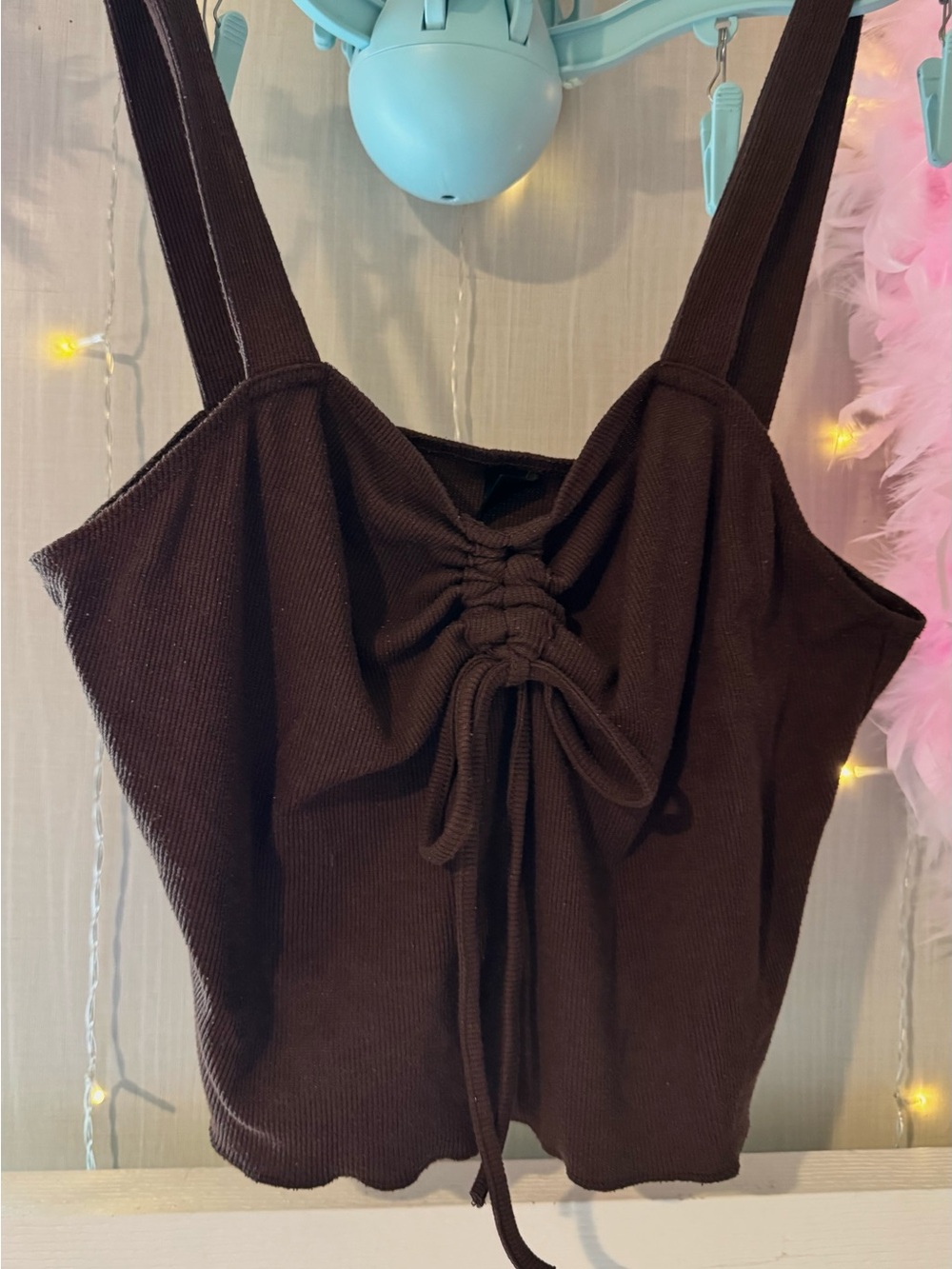 SHEIN Curve Chocolate Brown Ruched Tie-Front Ribbed Tank | Size 0XL